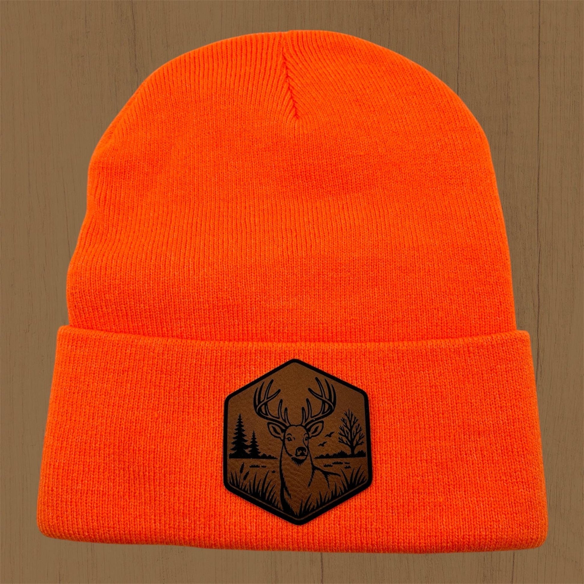 Deer Patch Winter Knit Blaze Orange Cuffed Hat