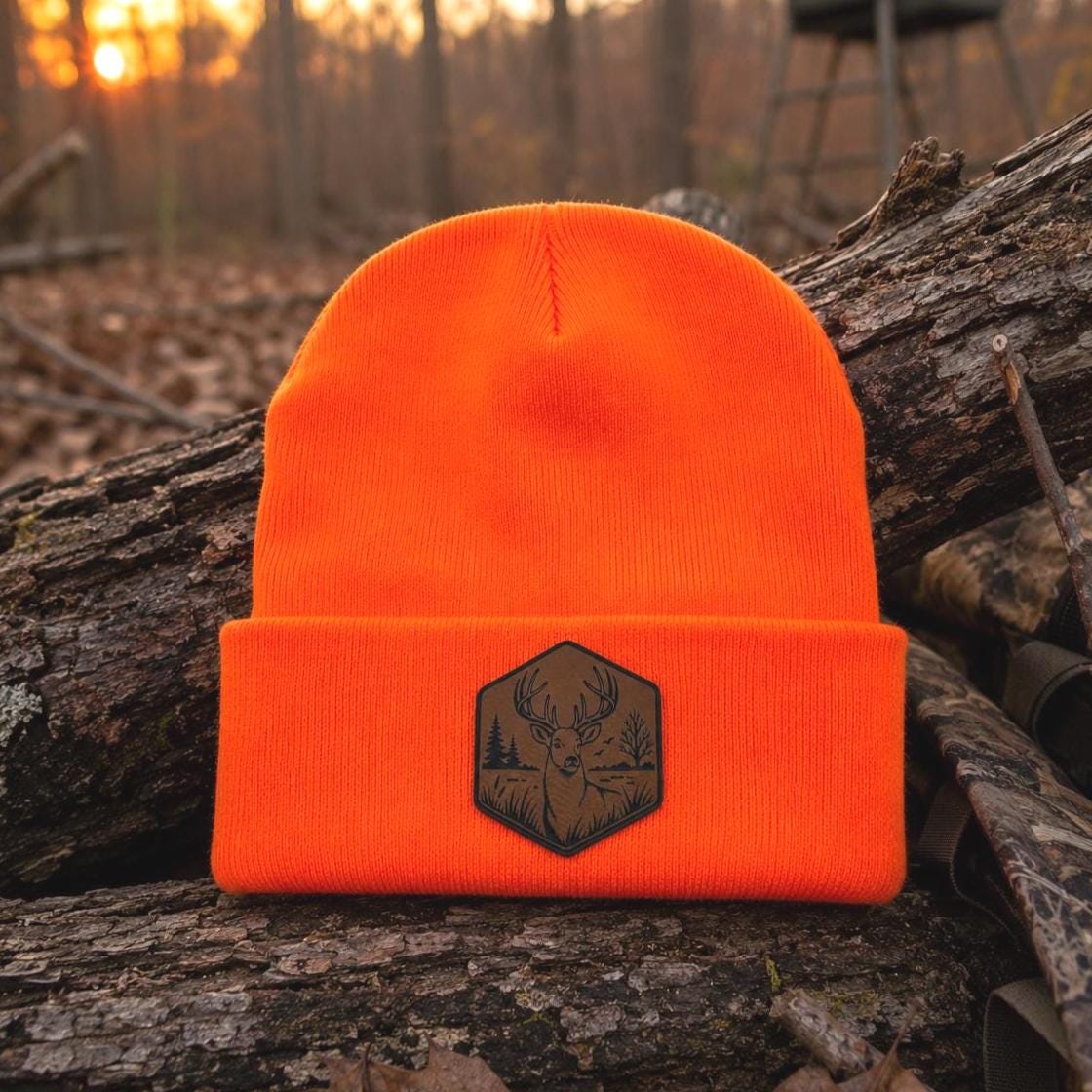 Deer Patch Winter Knit Blaze Orange Cuffed Hat