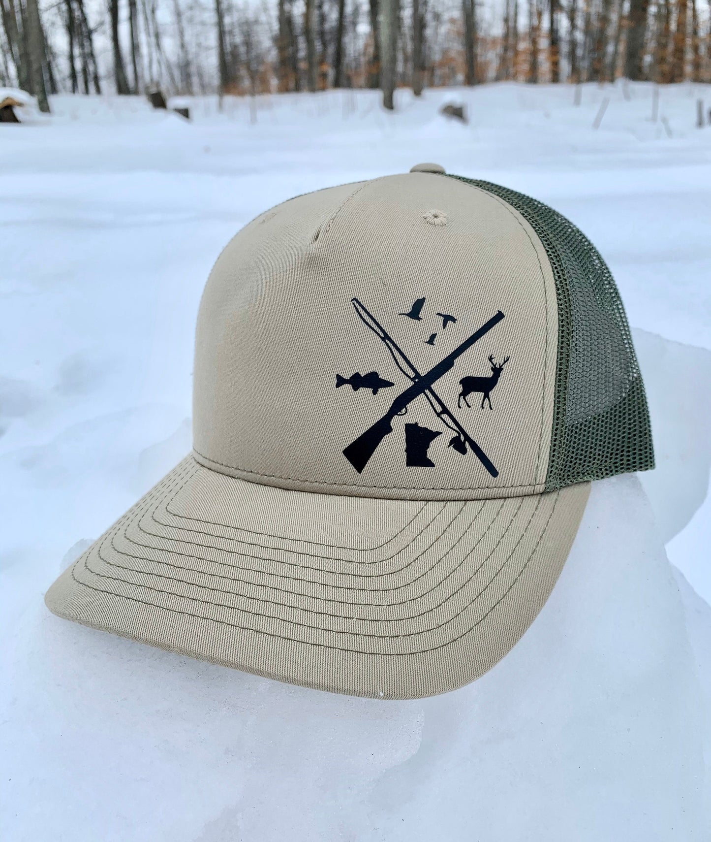 ANY STATE Waterfowl/Walleye/Buck Richardson Snapback Adjustable Hat in Pale/Khaki and Loden Mesh Color Deer-Ducks