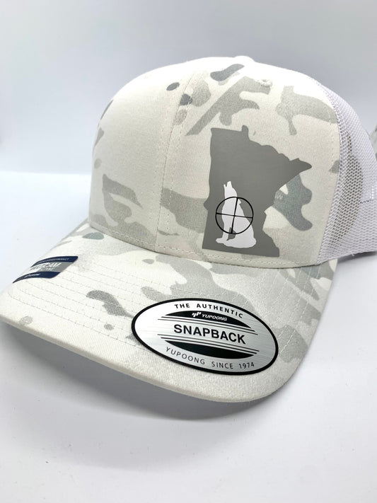 Any State Snow Camo Coyote Hunter White Mesh Snap Back Hat