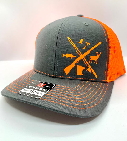 ANY STATE Waterfowl/Walleye/Buck Charcoal and Neon Orange Snap Back Hat