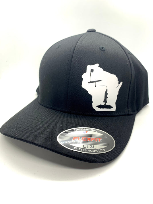 Any State Tip Up Ice Fishing Black Flexfit Fitted Hat | Walleye | Northern Pike |