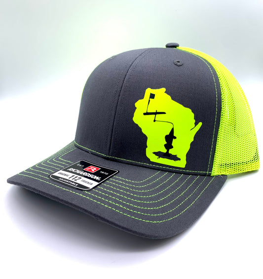 Any State ICE FISHING Tip Up Charcoal and Neon (multiple colors) Adjustable Hat | Walleye | Northern Pike |