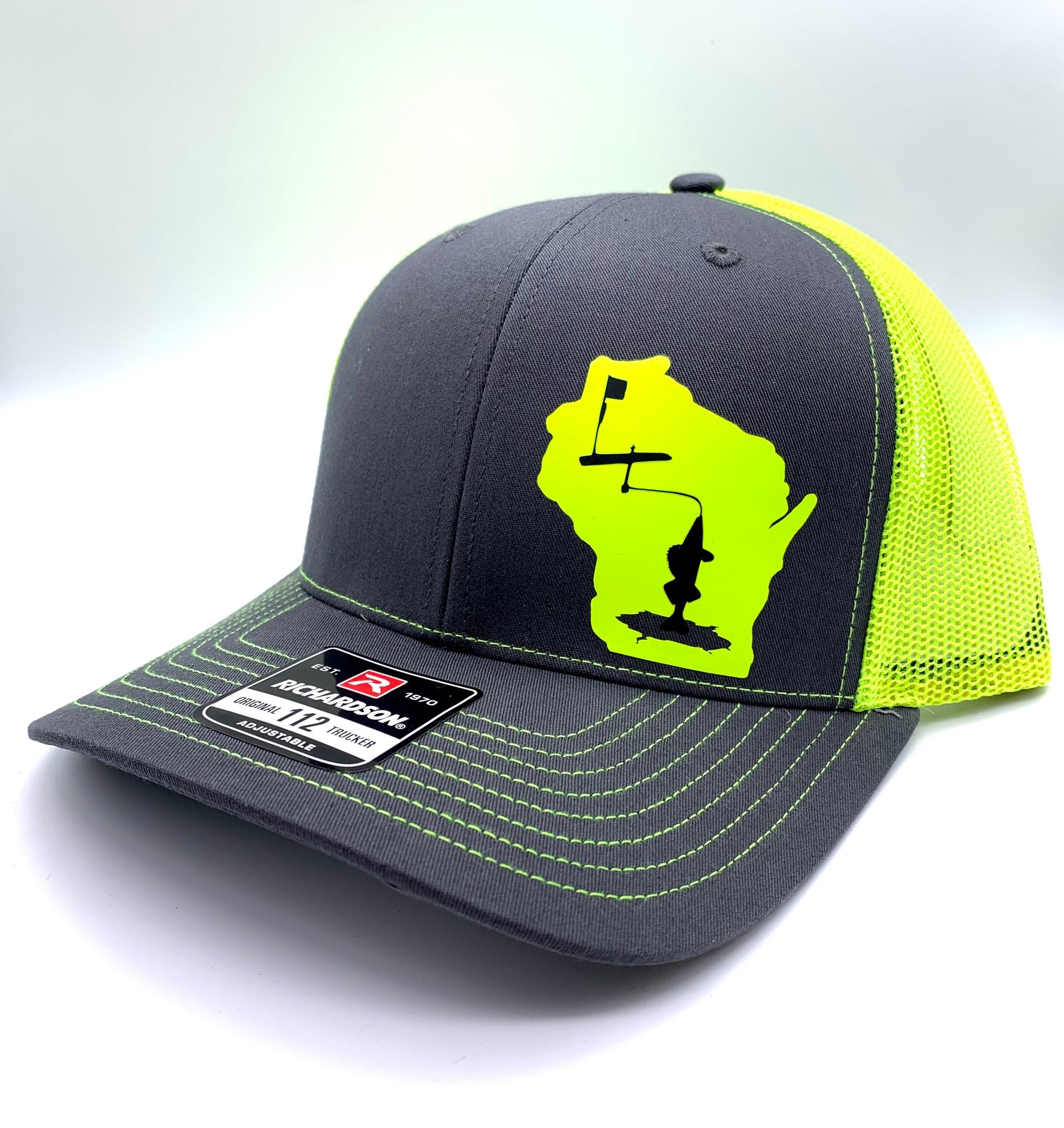 Any State ICE FISHING Tip Up Charcoal and Neon (multiple colors) Adjustable  Hat | Walleye | Northern Pike 