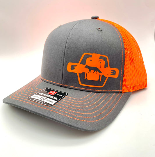 Fox Trapping Snap Back Adjustable Richardson Charcoal and Neon Orange Mesh Hat