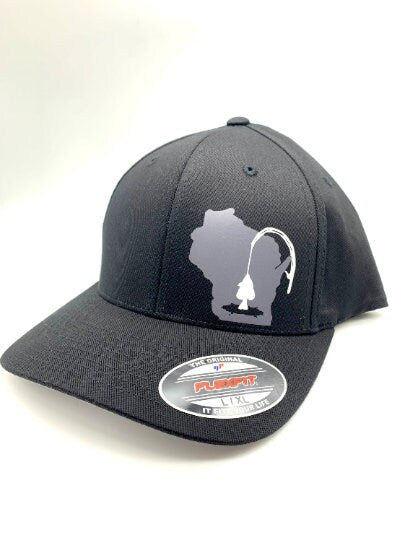 Any State Ice Fishing Black Flexfit Fitted Hat in Multiple Sizes